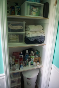 The other closet now has shelves and can be used like a bathroom closet. It also still needs a door, WE're looking to put in a bi-fold door so that it's less in the way and won't be taken out by the entry door. 