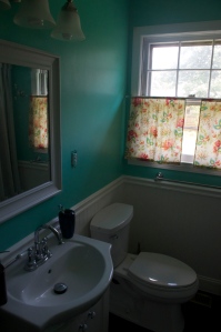 A new light, a new mirror, a new leak free sink and a leak free comfort height toilet to match, sitting on that new floor with some fancy looking wainscotting on the walls. Oh and isn't that bright color on the walls fun?